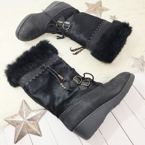Vintage Sorel black calf hair winter boots fur trim wool lined beaded Women's 9